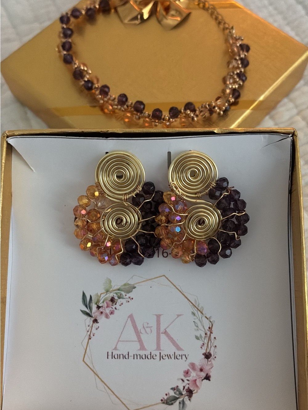 AK Hand-made Jewelry Gold Spiral Earrings with Purple and Amber Beads